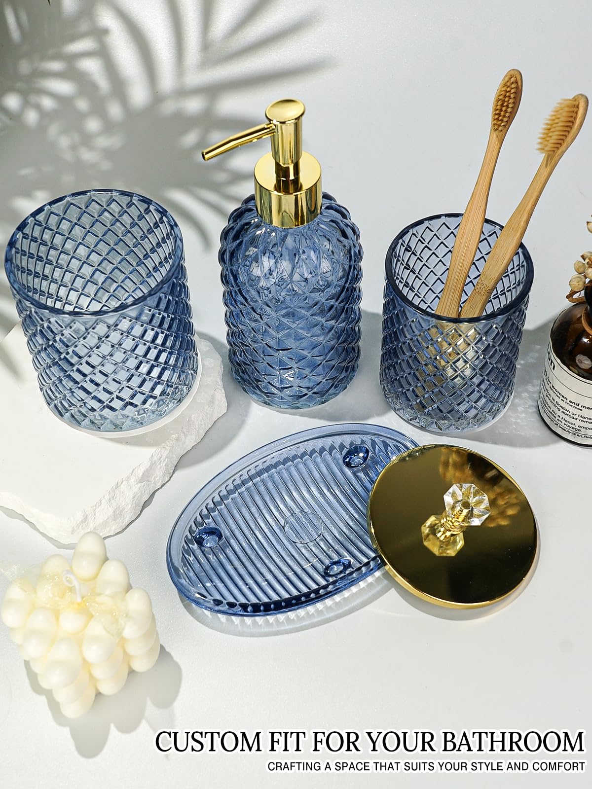 Haturi set staged on bathroom vanity creating coordinated, stylish look