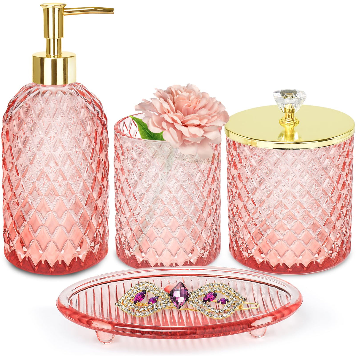 Haturi front view of full four-piece pink glass set showing elegant organization