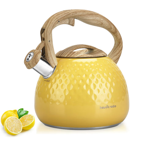 Hauce Radio front view of yellow kettle showing sleek stainless steel finish