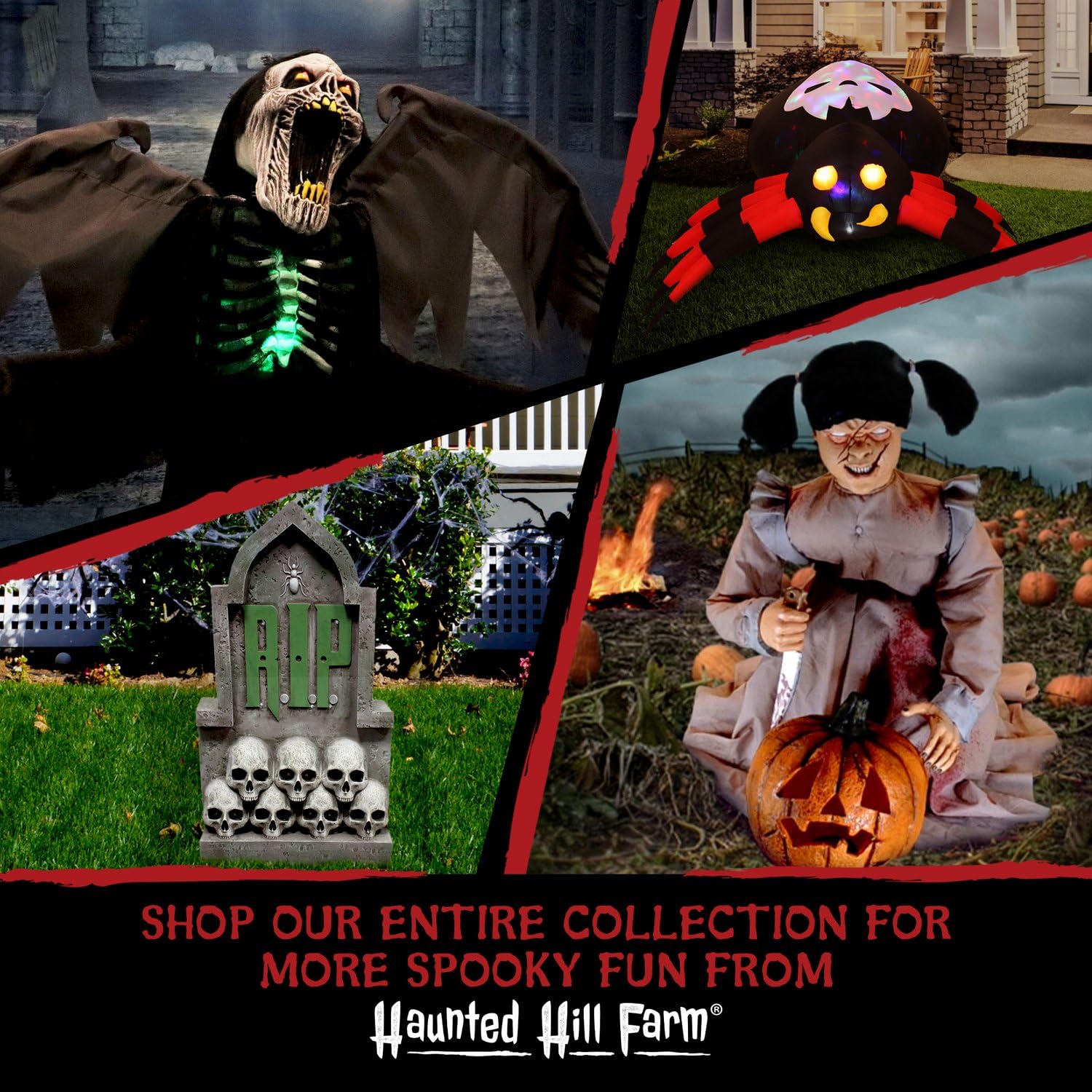 Haunted Hill Farm wreath hung on door presenting instant Halloween curb appeal