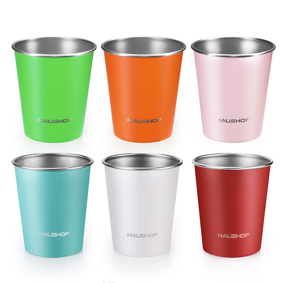 HAUSHOF front view showing six stainless steel cups and packaging benefit durable set