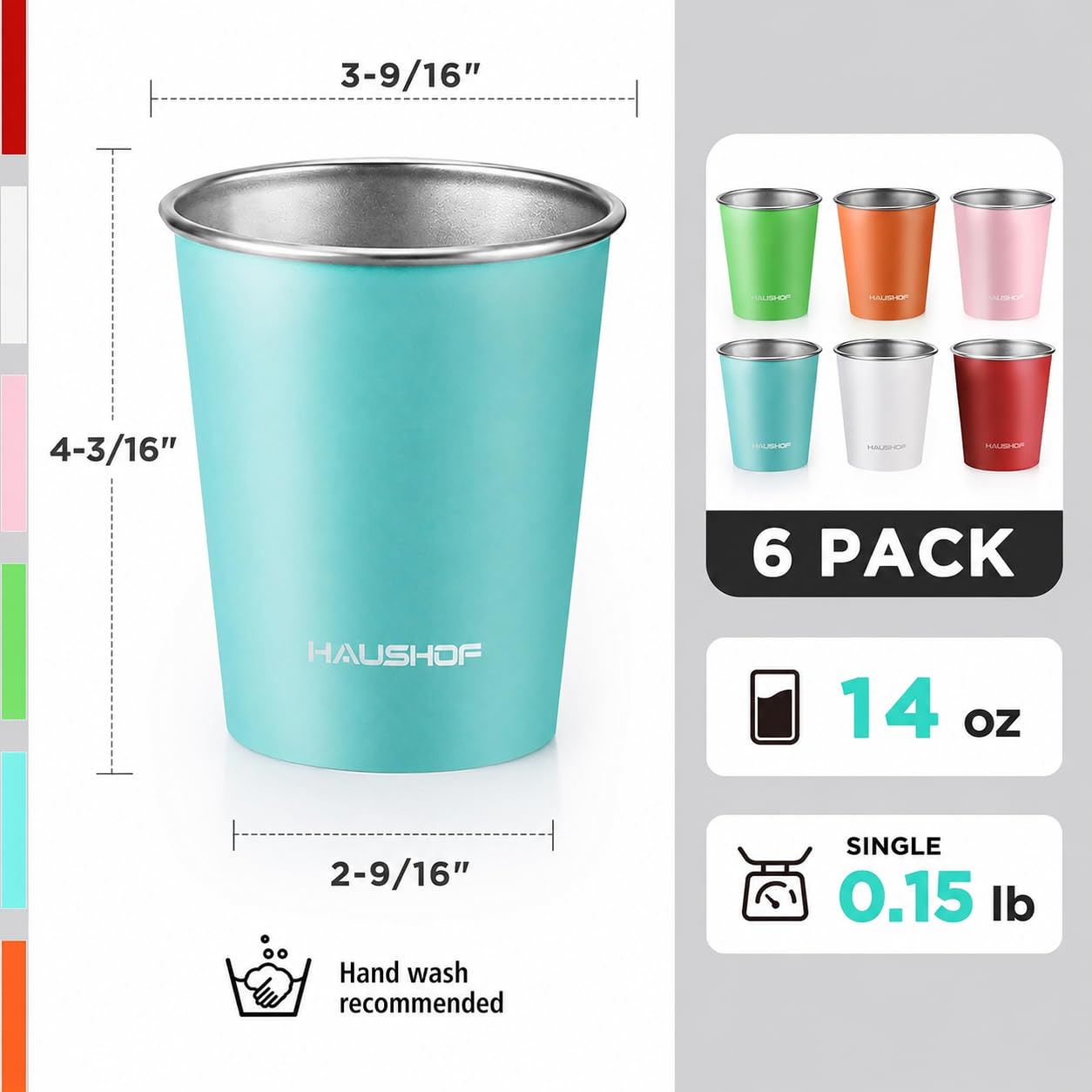 HAUSHOF cup held in hand illustrating 14oz size and portability benefit