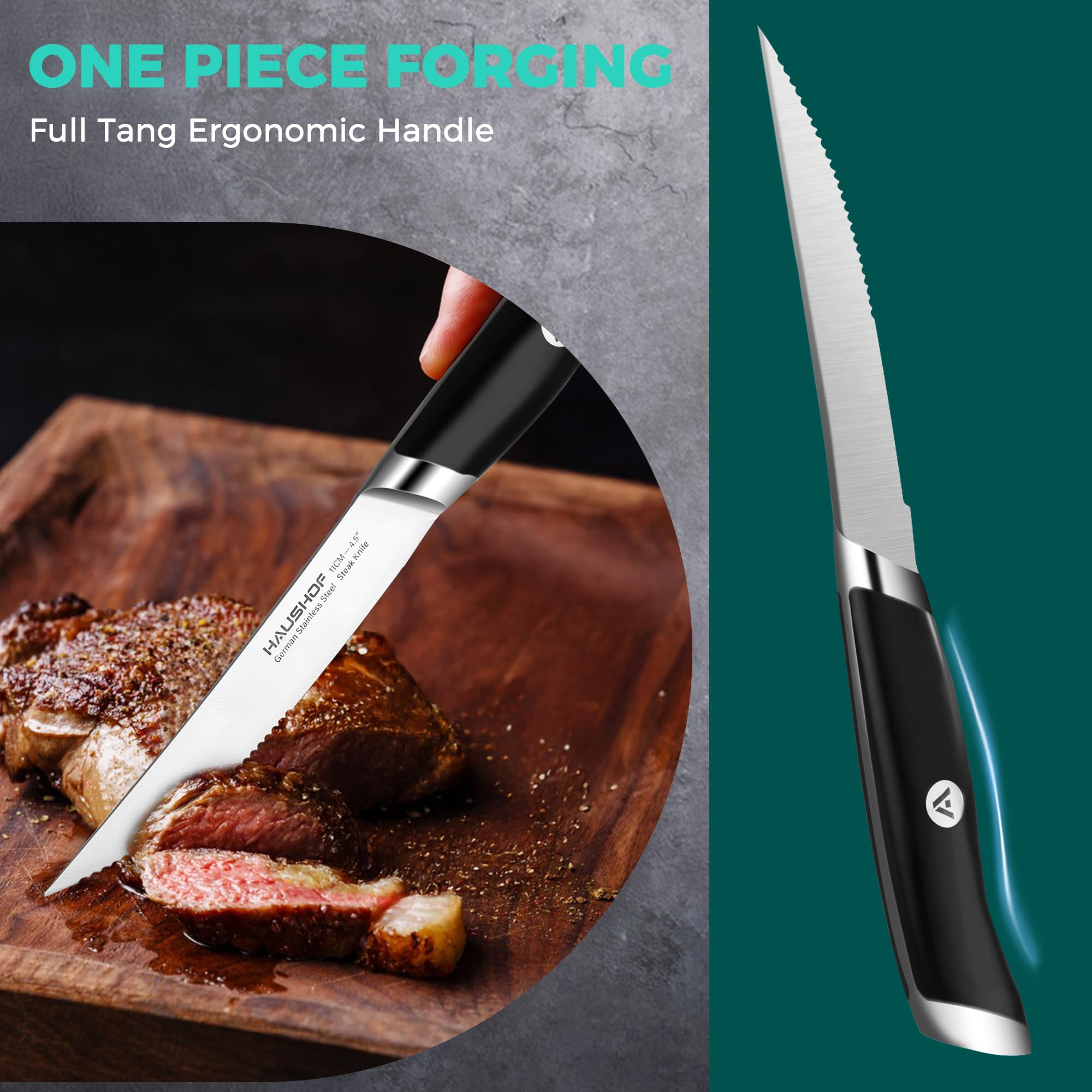 HAUSHOF knife slicing cooked steak to show ease of use and clean cuts benefit efficient serving