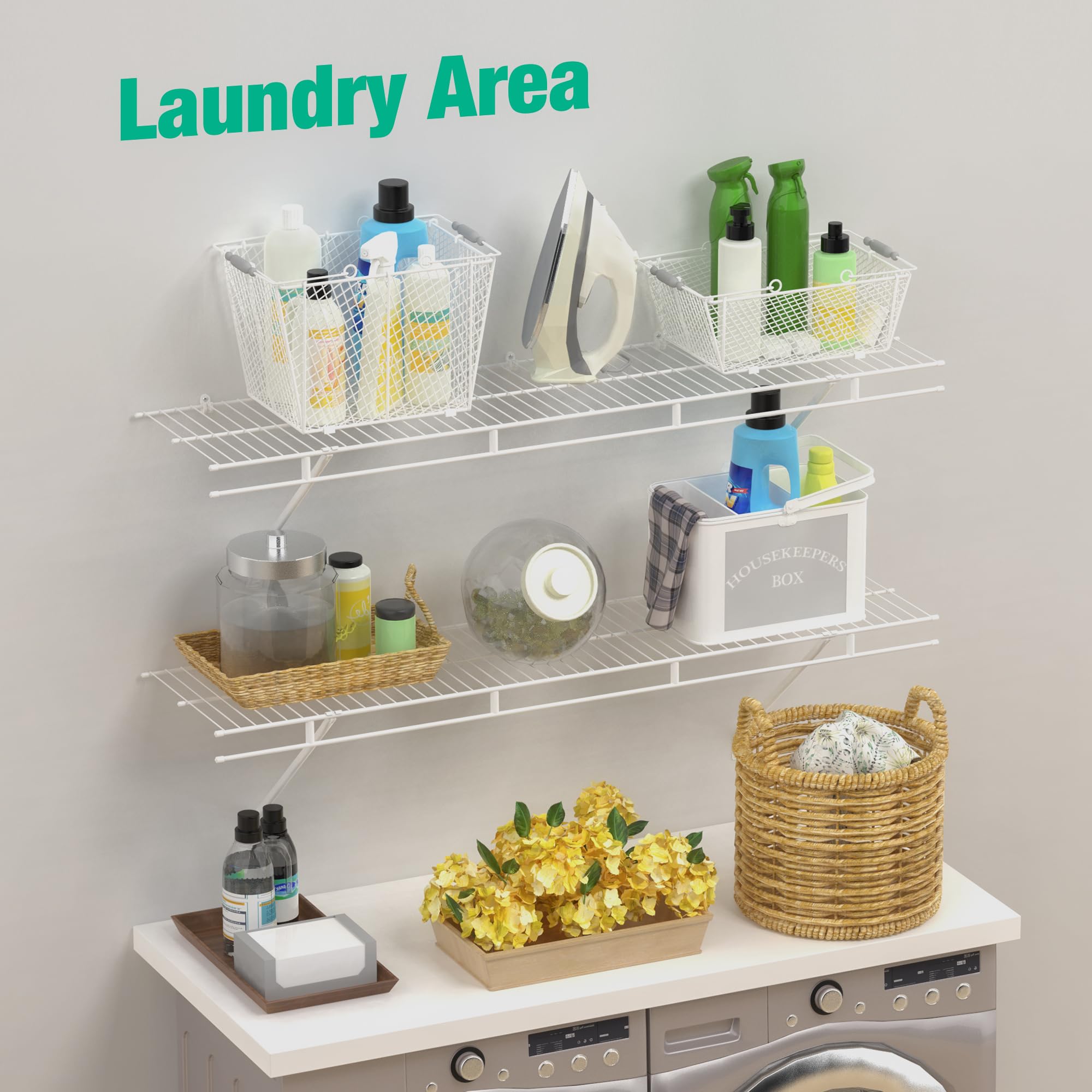HAUSHOF shelf holding laundry baskets showing durable support and space-saving benefit