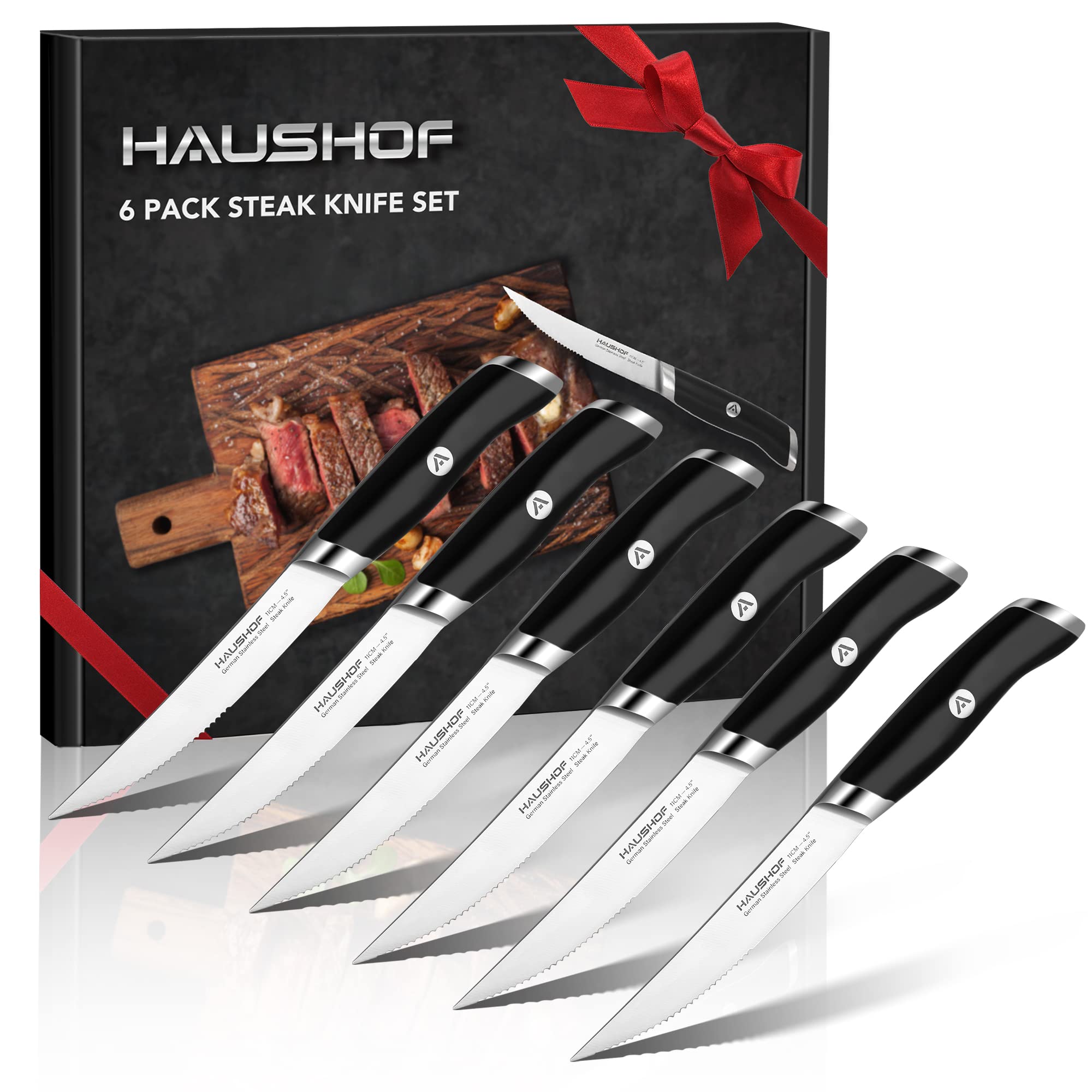 HAUSHOF front view of six steak knives showing uniform polished blades and handles benefit durable presentation