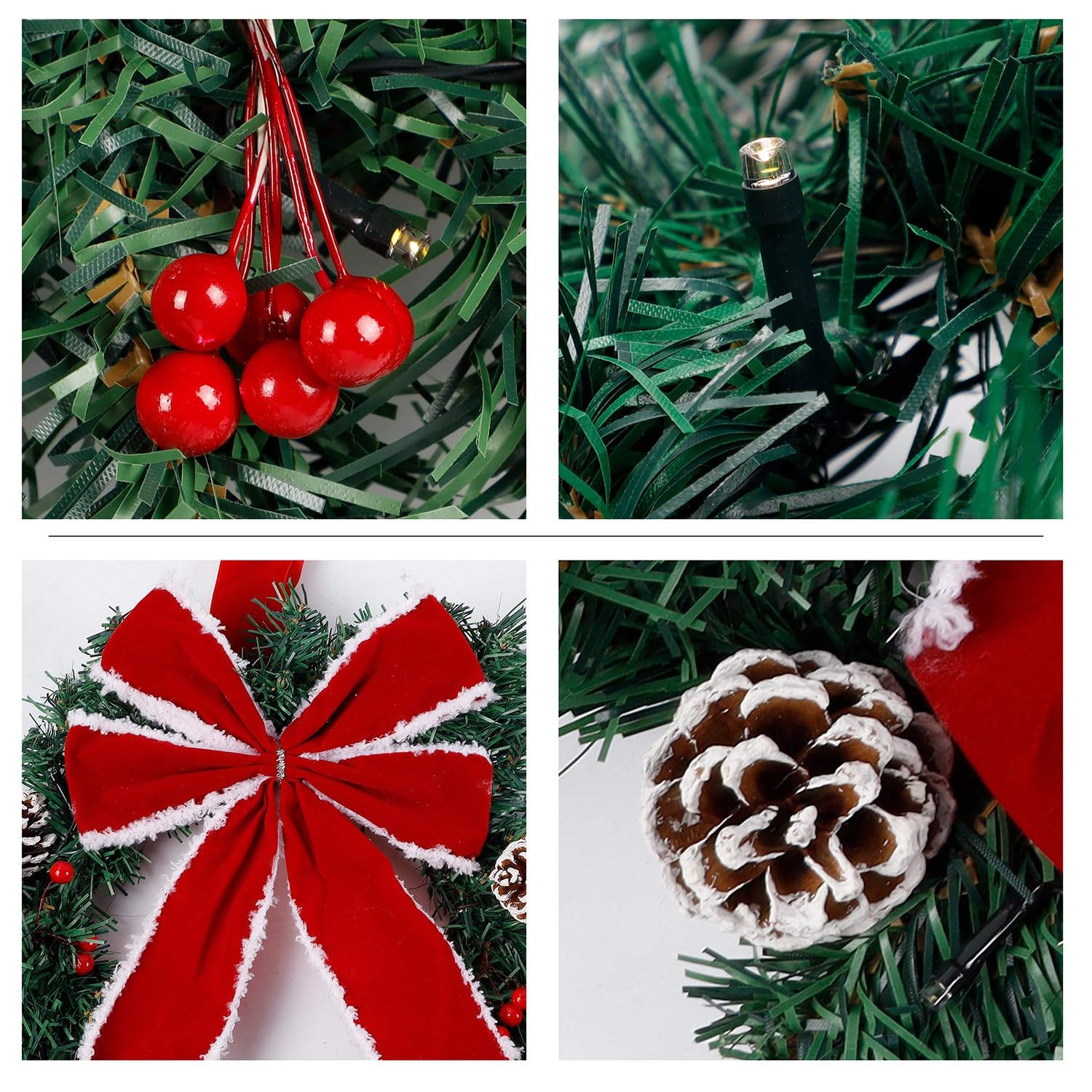 Hausse warm white LED lights glowing on wreaths to create cozy holiday ambiance