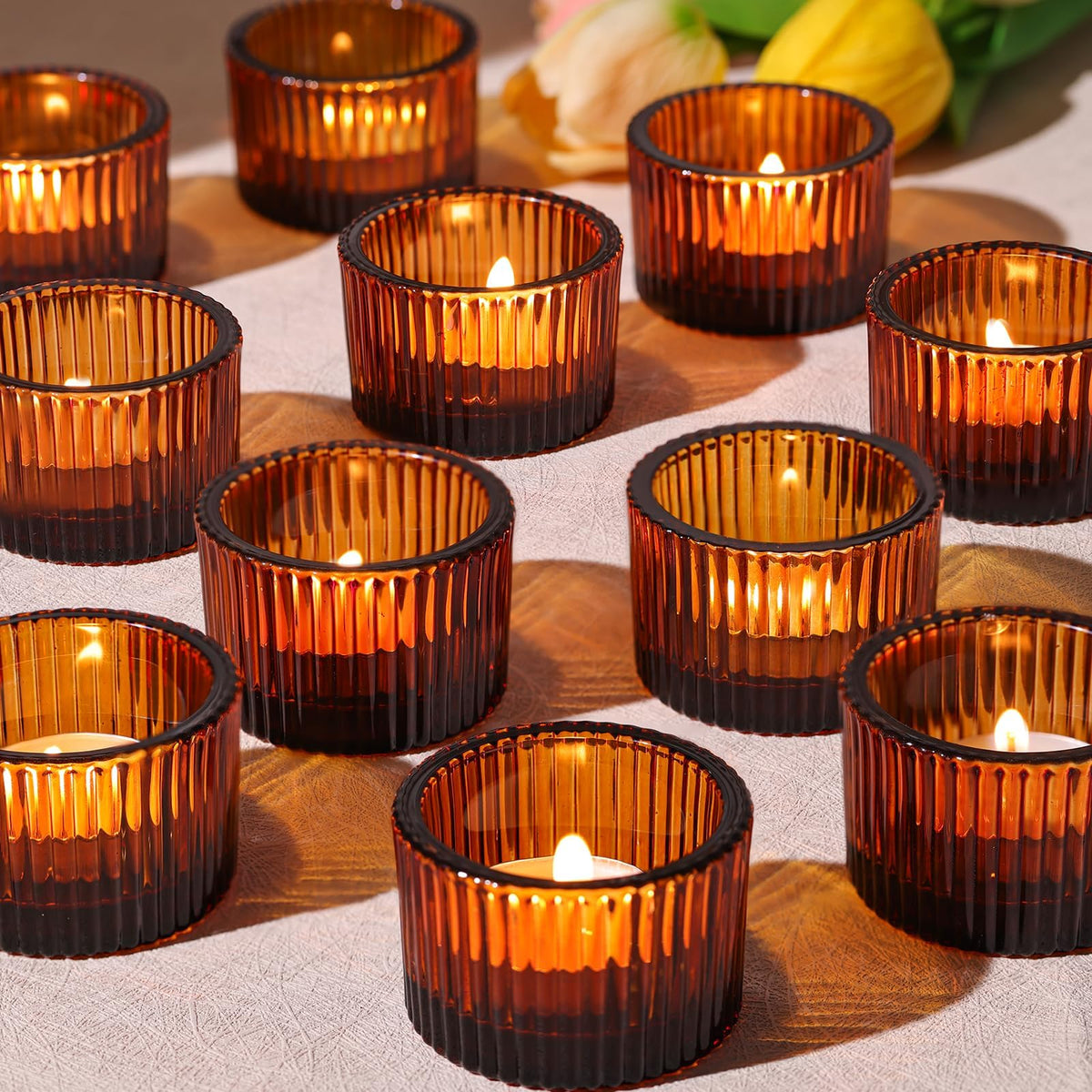 HAVITI amber votive holder front view showing vintage warmth and style