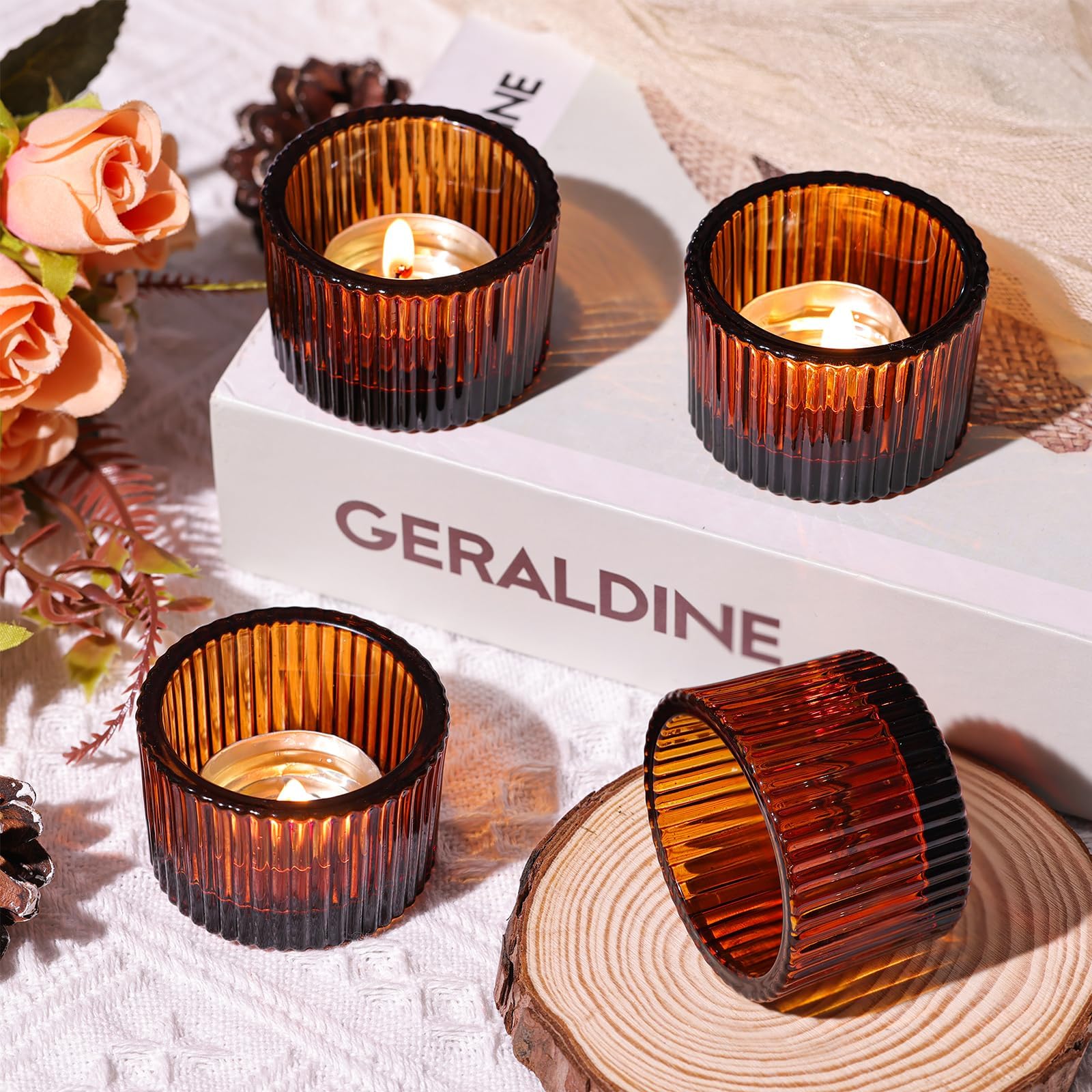 HAVITI amber votive holder with tealight lit providing soft ambient glow