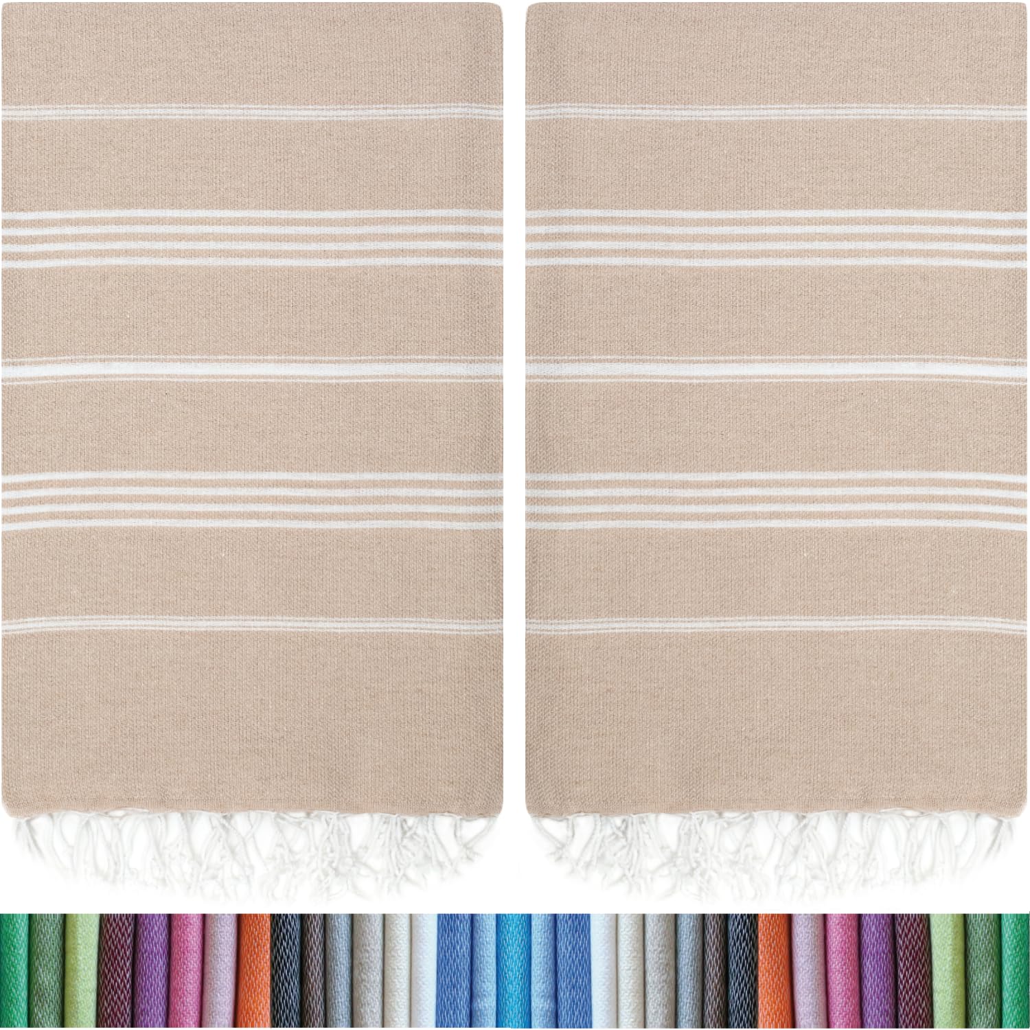 HAVLULAND front view of two beige towels showing full oversized dimensions and neat edges