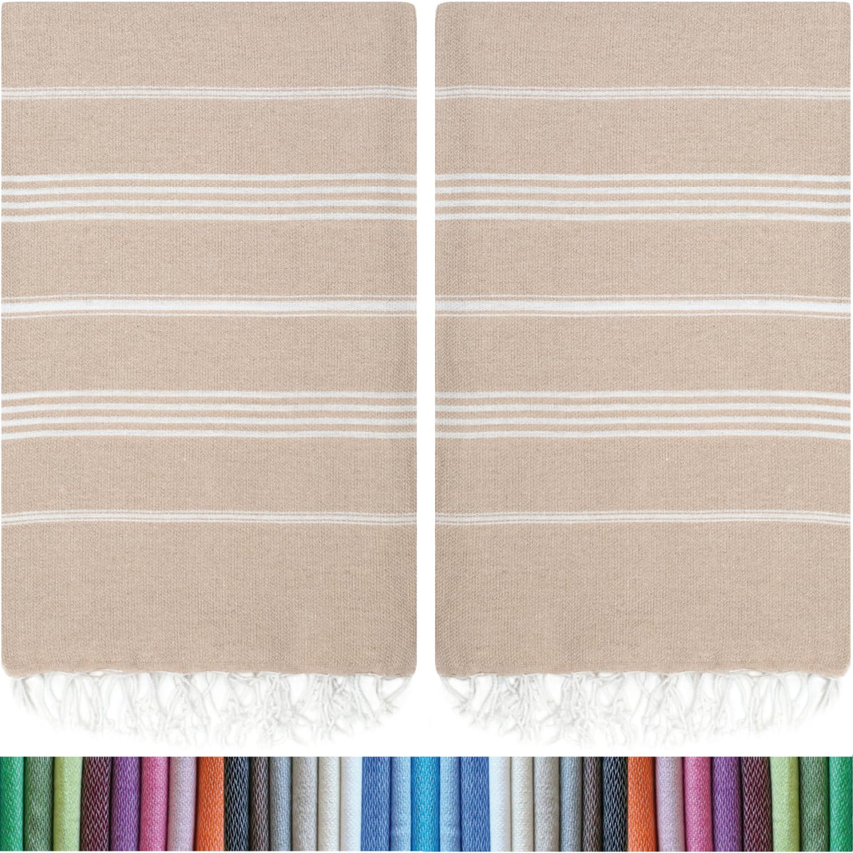 HAVLULAND front view of two beige towels showing full oversized dimensions and neat edges