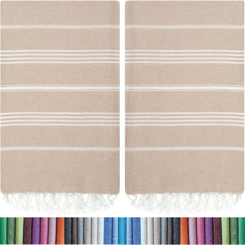 HAVLULAND front view of two beige towels showing full oversized dimensions and neat edges