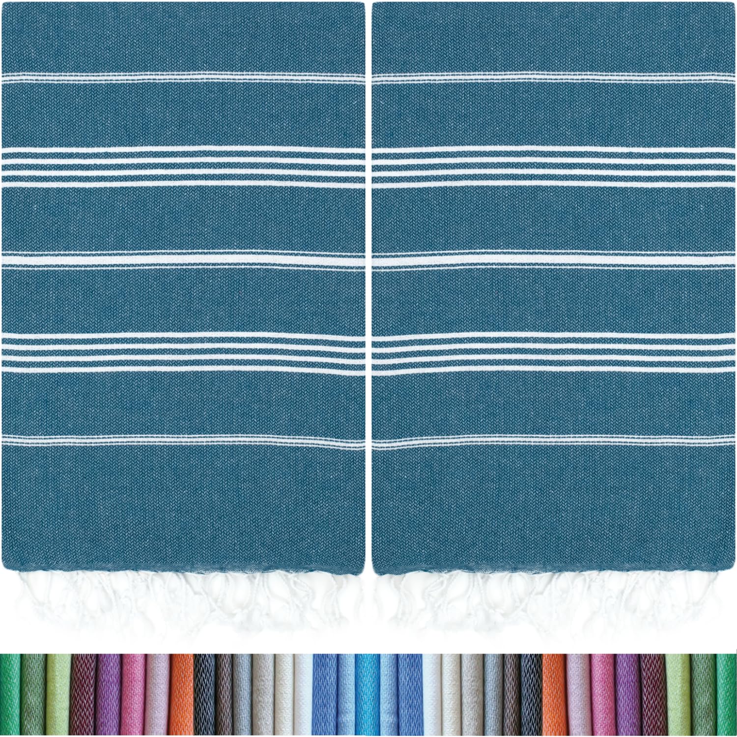 HAVLULAND front view of two teal towels showing size and pattern, travel-friendly