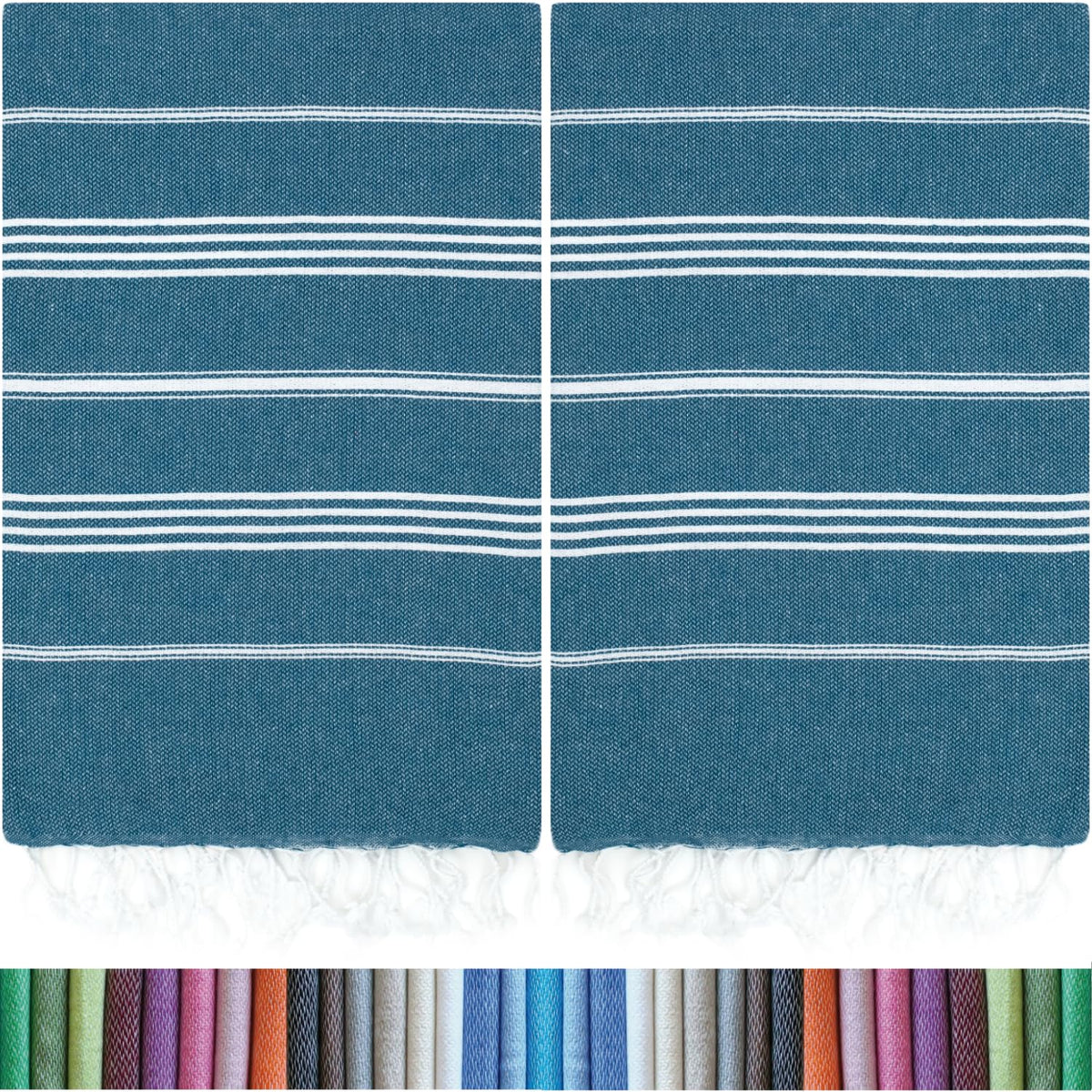 HAVLULAND front view of two teal towels showing size and pattern, travel-friendly