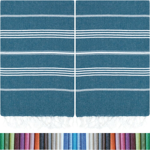HAVLULAND front view of two teal towels showing size and pattern, travel-friendly