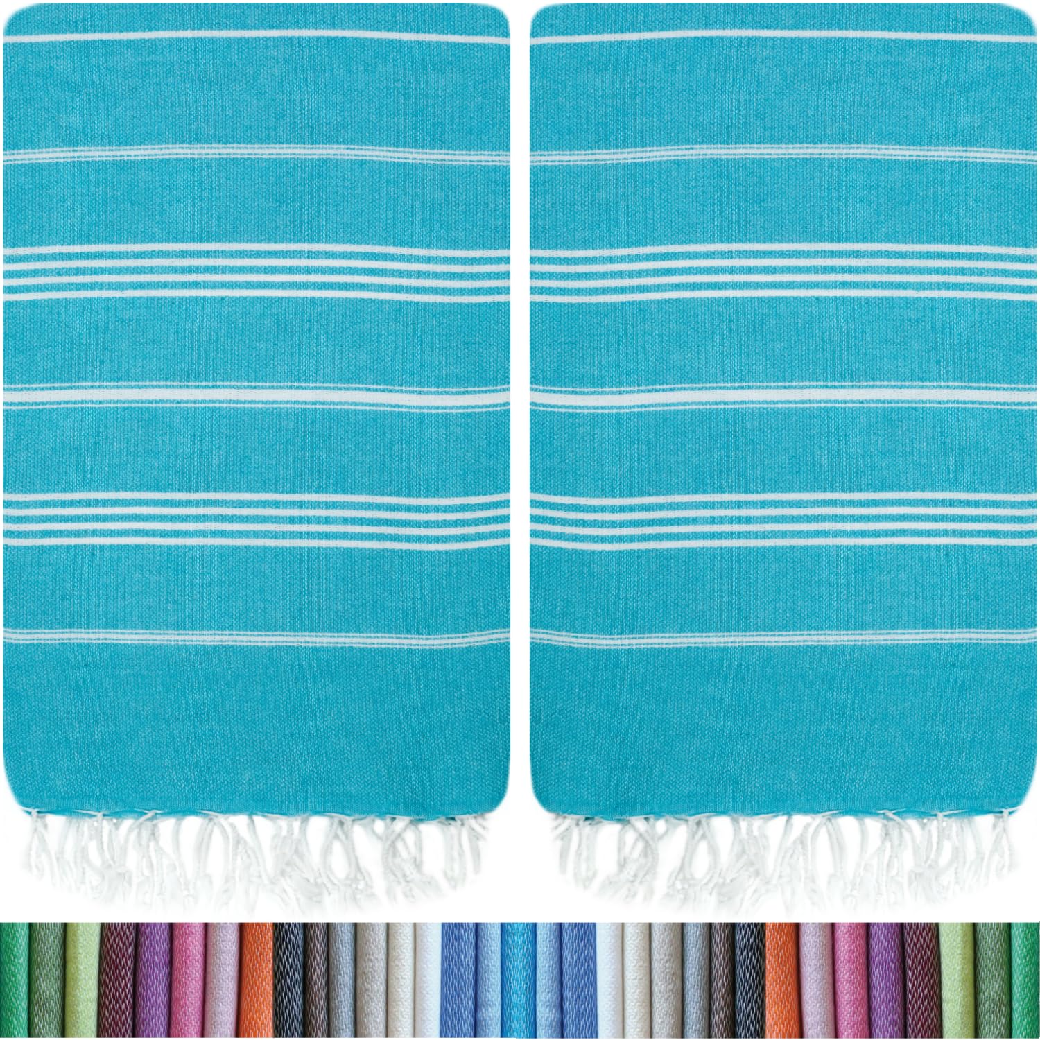 HAVLULAND front view of two turquoise towels showing vibrant color and pattern, great for visibility