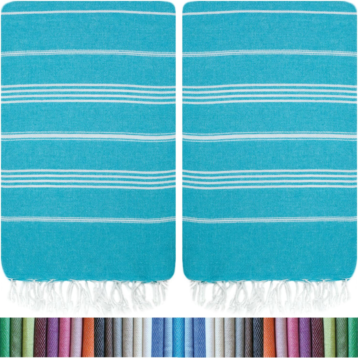 HAVLULAND front view of two turquoise towels showing vibrant color and pattern, great for visibility