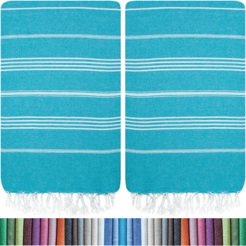 HAVLULAND front view of two turquoise towels showing vibrant color and pattern, great for visibility