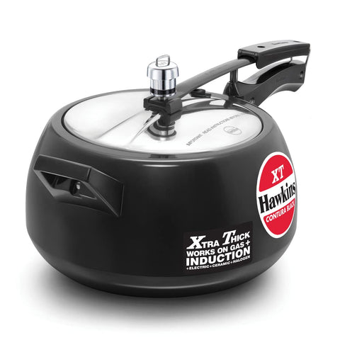 HAWKINS Contura front view showing sleek hard-anodized finish and handles, durable performance