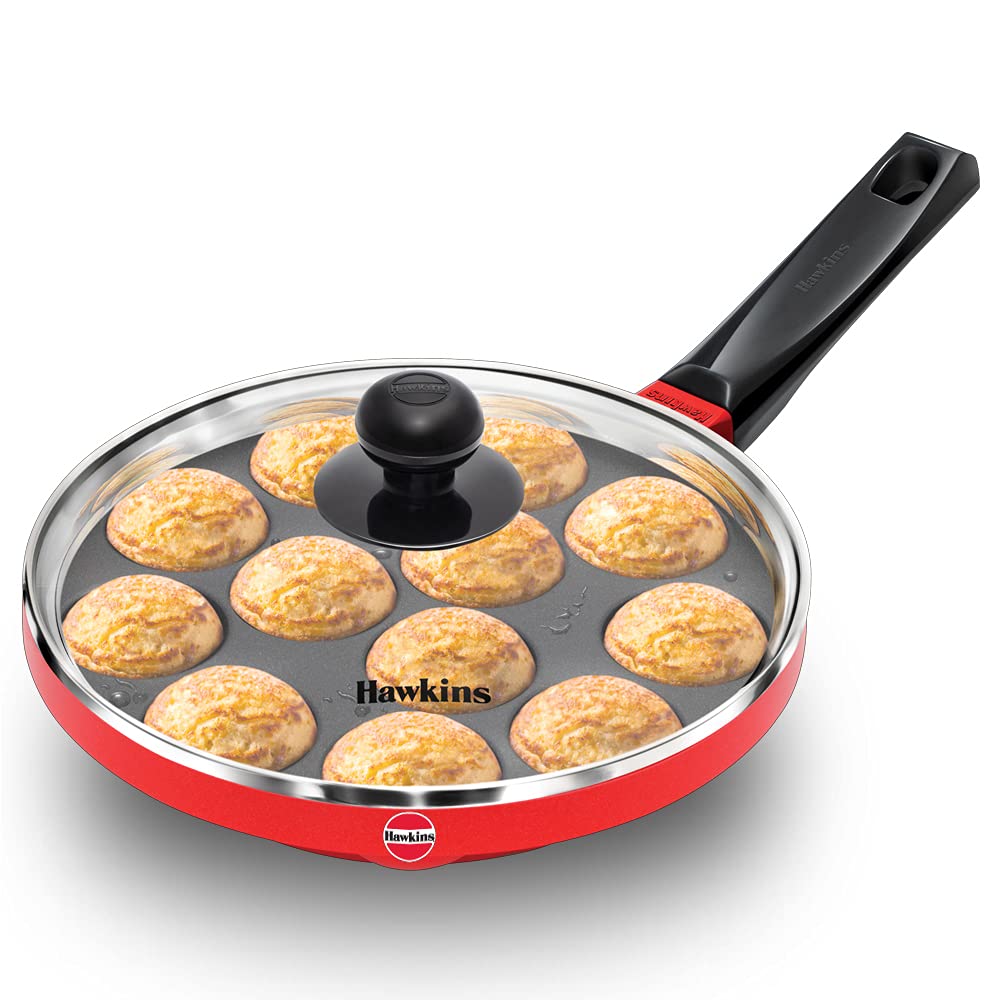HAWKINS front view of pan showing compact 12-cup design and glass lid, easy serving