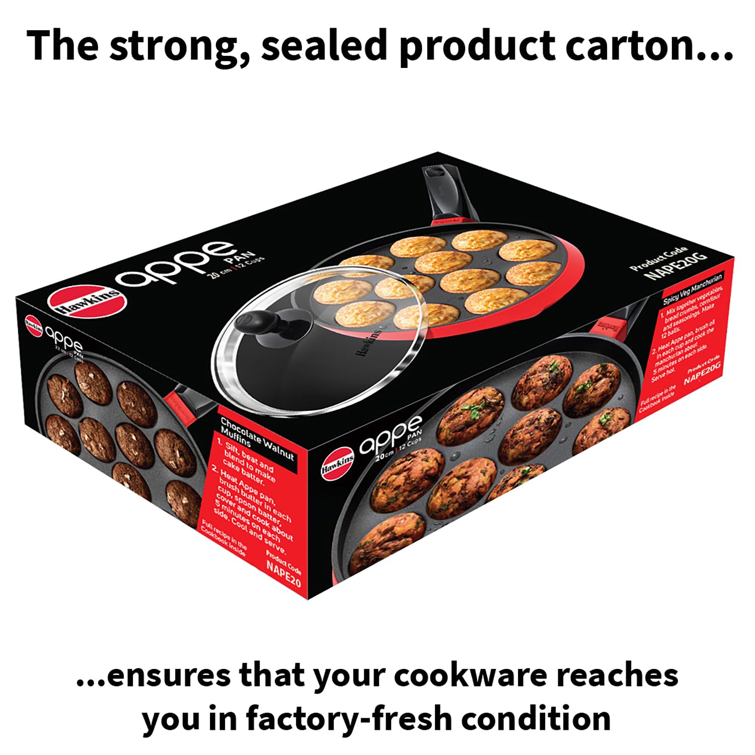 HAWKINS pan beside measuring cup showing true 20 cm scale and capacity