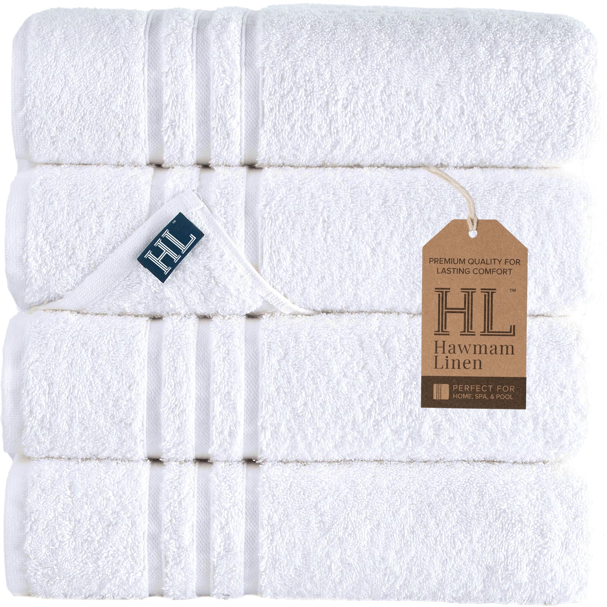 Hawmam Linen front folded four-pack showing clean white towels and neat presentation