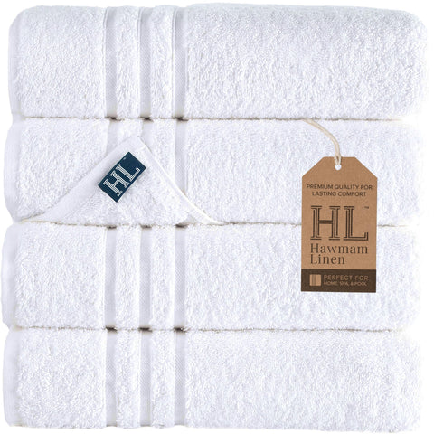 Hawmam Linen front folded four-pack showing clean white towels and neat presentation