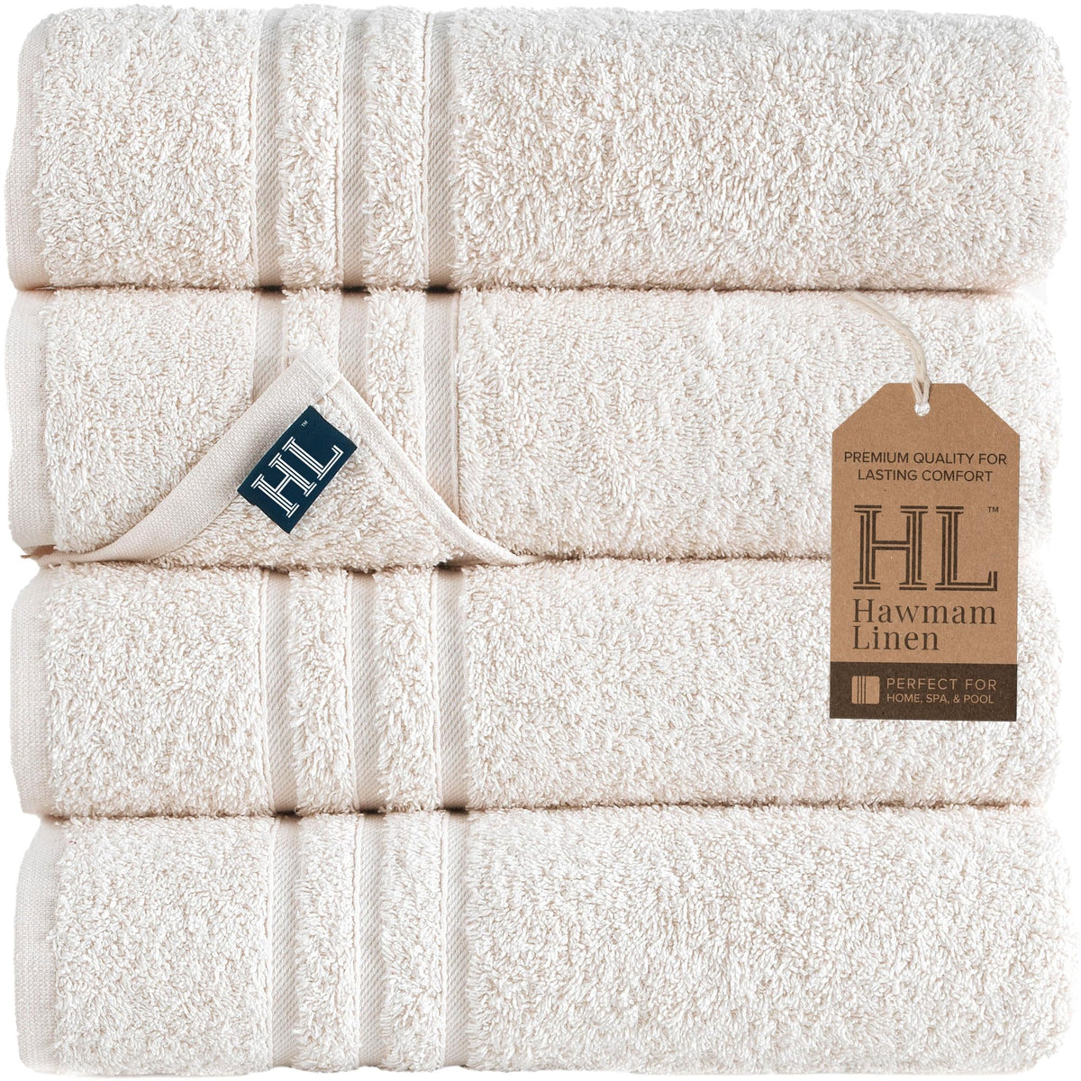 Hawmam Linen front view of four sea salt cream towels showing neat fold and neutral tone, enhancing bathroom decor