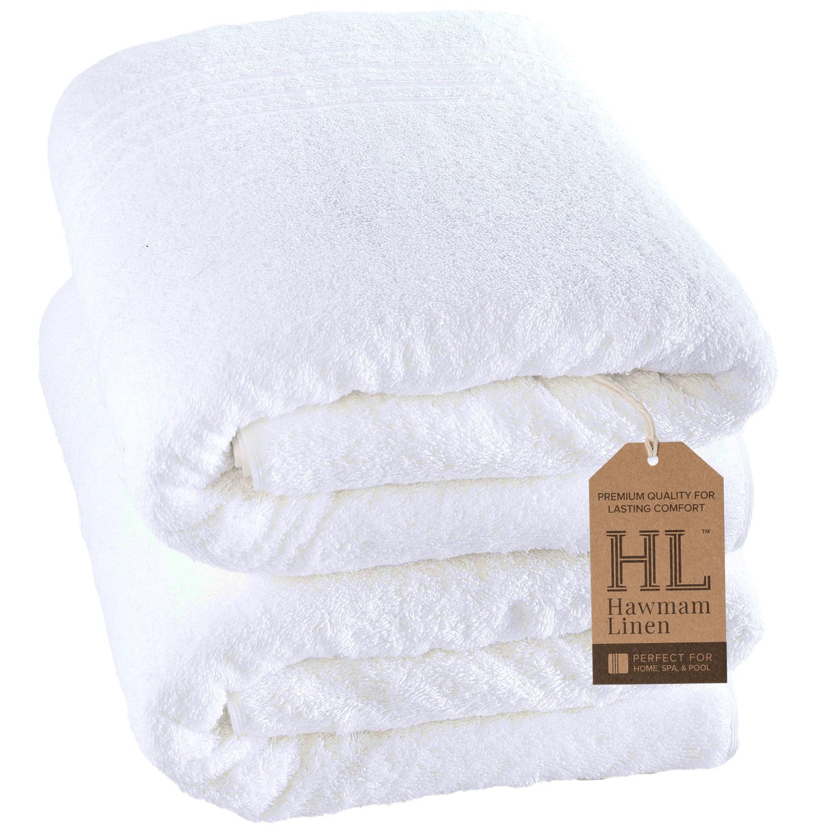 Hawmam Linen front view of two white bath sheets showing size and neat fold for quick replacement