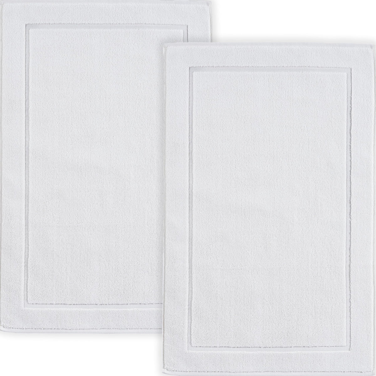 Hawmam Linen front view of two white bath mats showing banded design and clean look