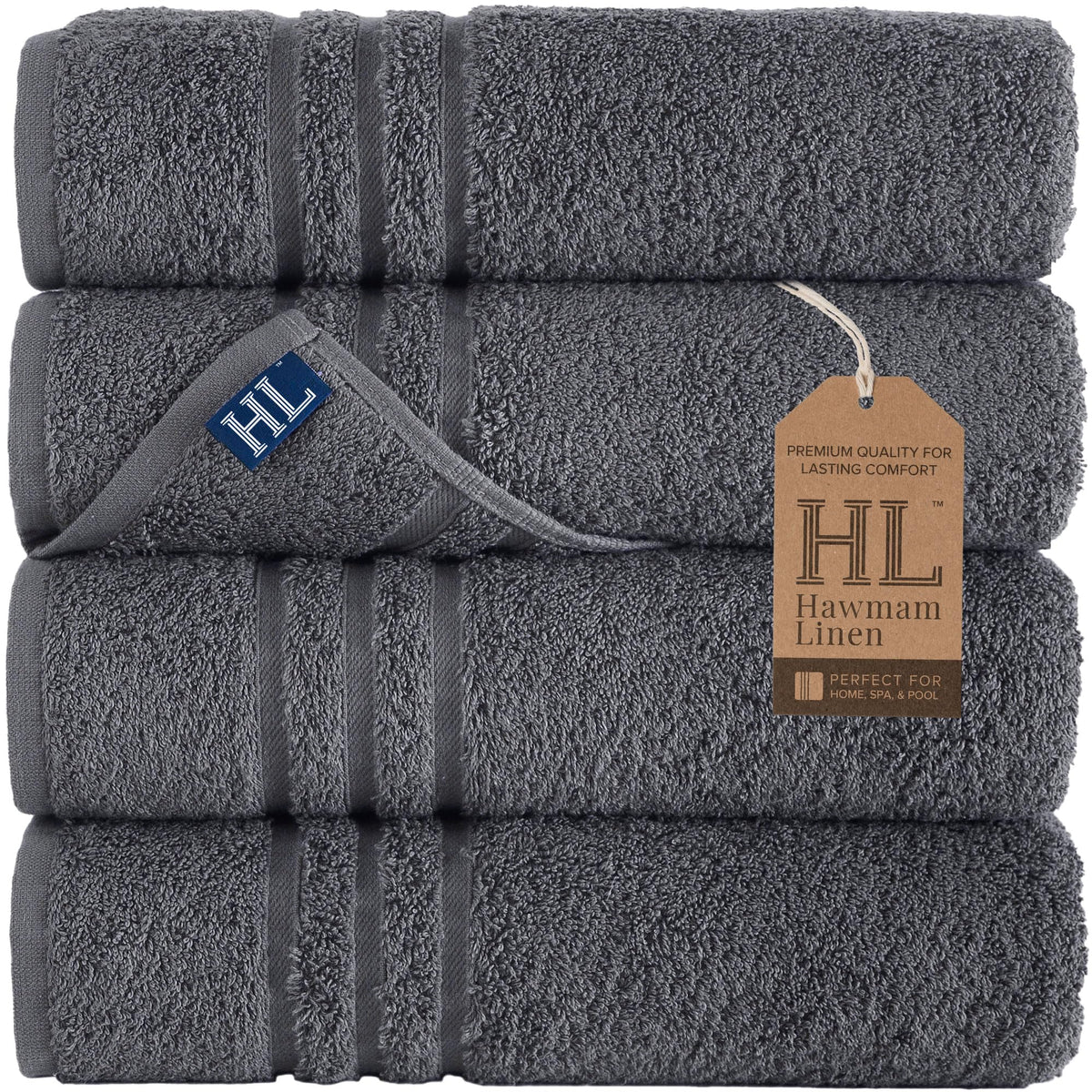 Hawmam front view showing four linen grey towels and neat packaging benefit: ready-to-use