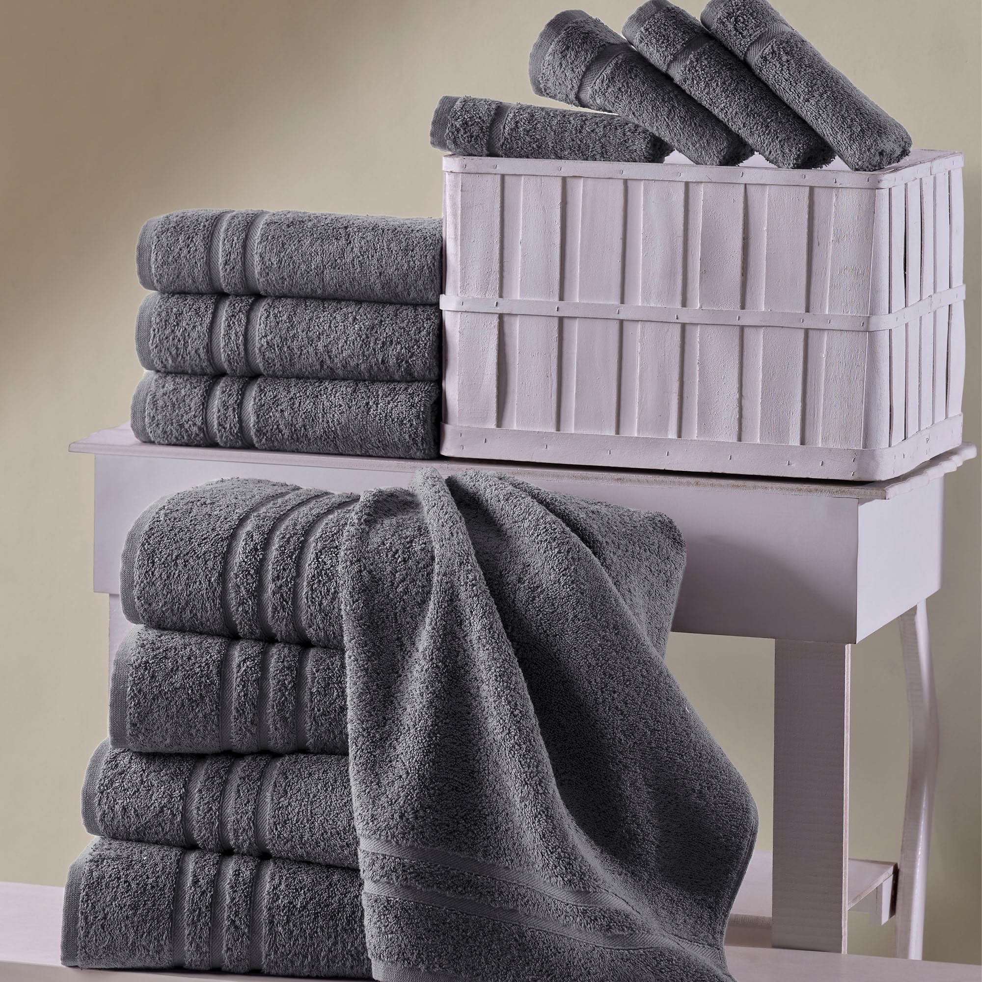 Hawmam hung in modern bathroom showing neutral linen-grey blending with décor