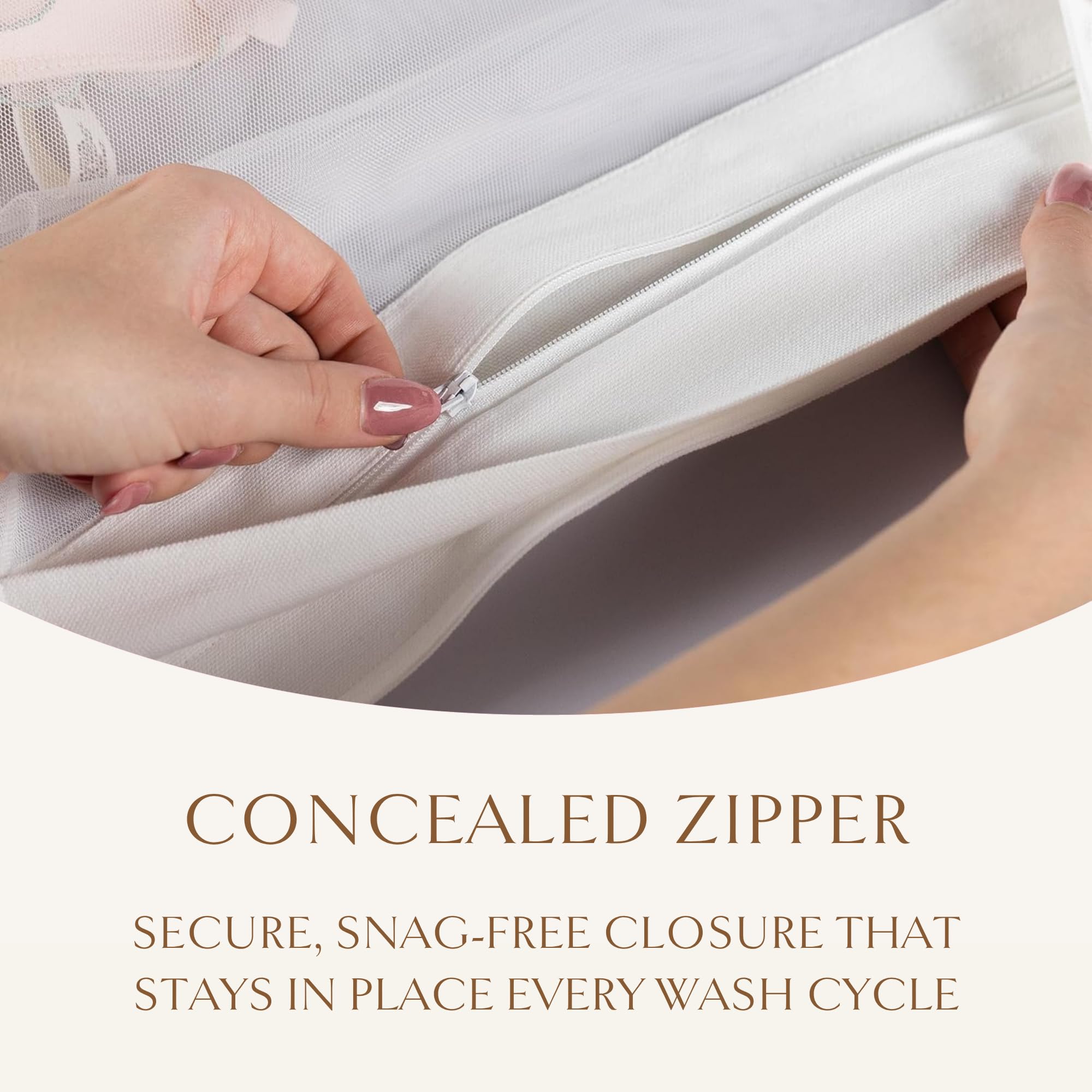Hayden Hill covered zipper close-up illustrating secure, snag-free closure benefit