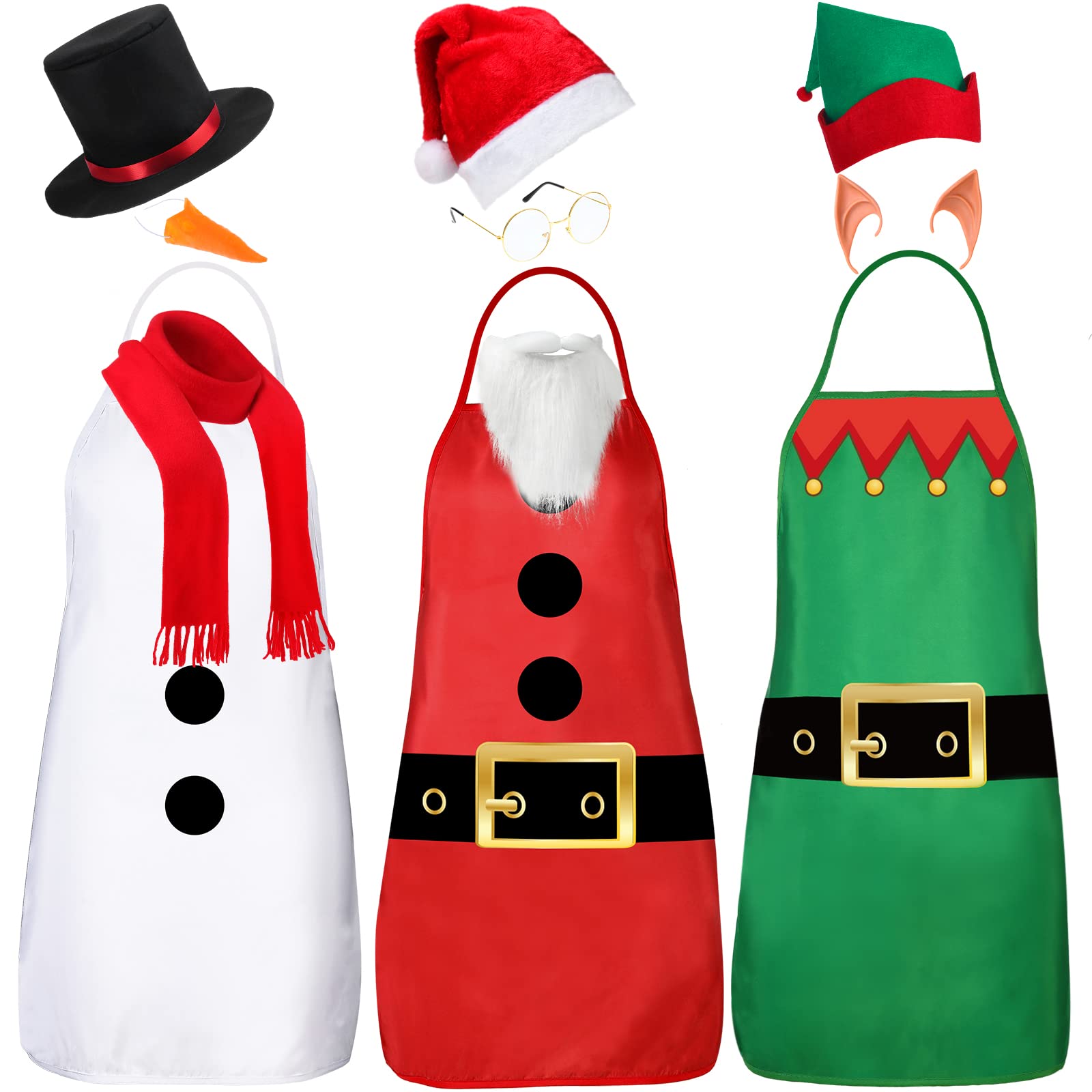 Haysandy front view of three aprons and hats showing festive designs and easy wear