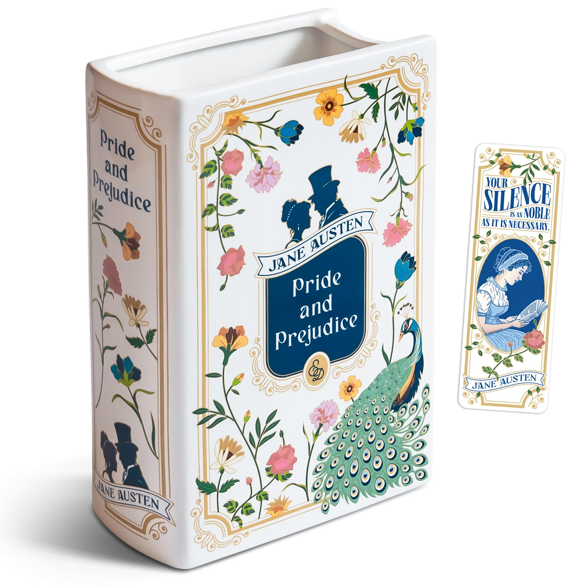 Hazel & Harold's front cover book vase showing Pride and Prejudice design and shelf appeal