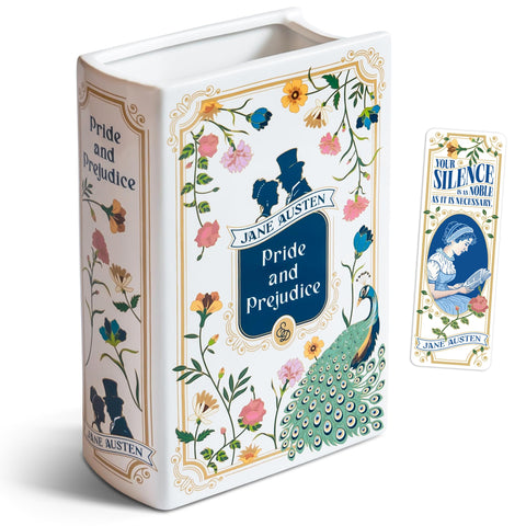 Hazel & Harold's front cover book vase showing Pride and Prejudice design and shelf appeal