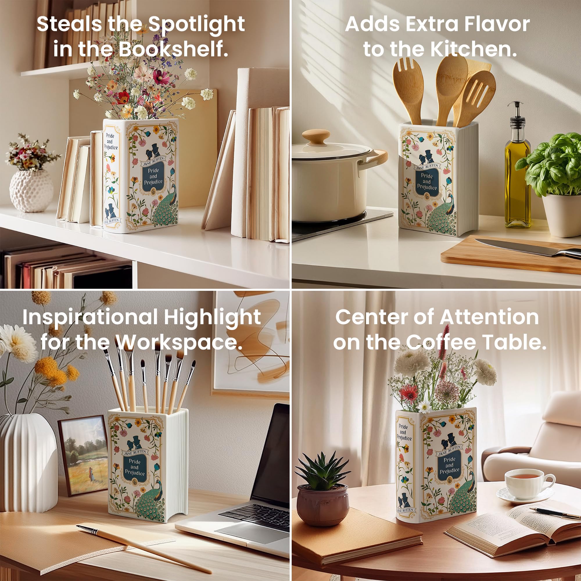 Hazel & Harold's book vase arranged with fresh flowers demonstrating decorative benefit