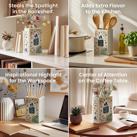 Hazel & Harold's book vase arranged with fresh flowers demonstrating decorative benefit