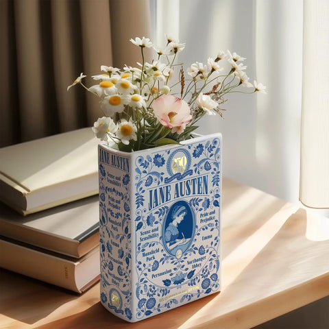 Hazel & Harold's vase styled on a bookshelf adding literary charm to decor