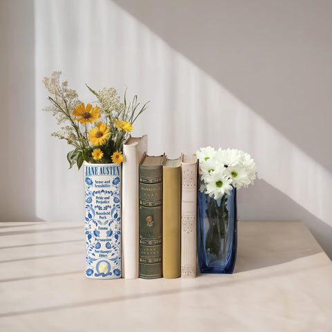 Hazel & Harold's vase beside a hardback showing true-to-book size and scale