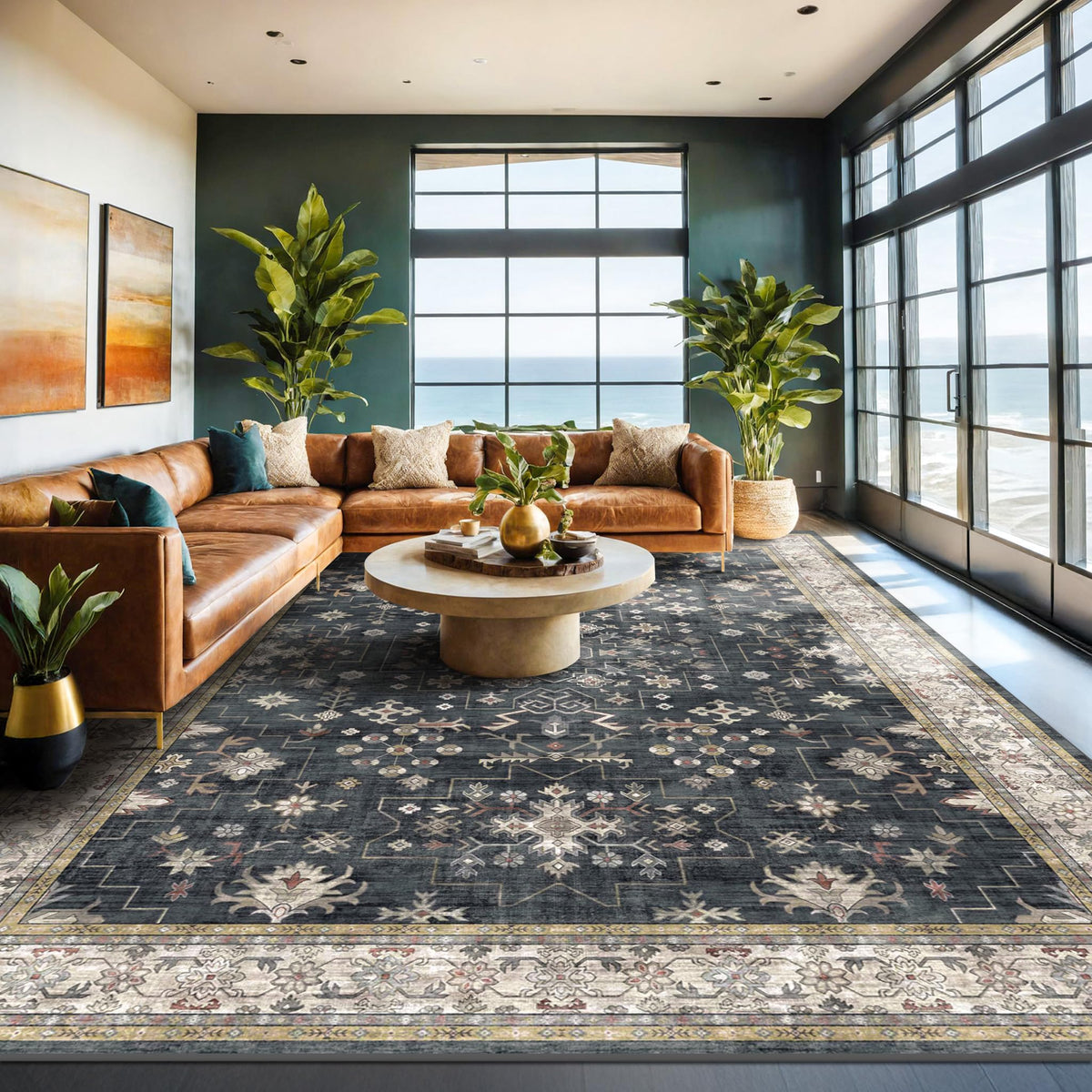 Hazo Haus black boho rug front view showing full 9x12 layout and vintage tones