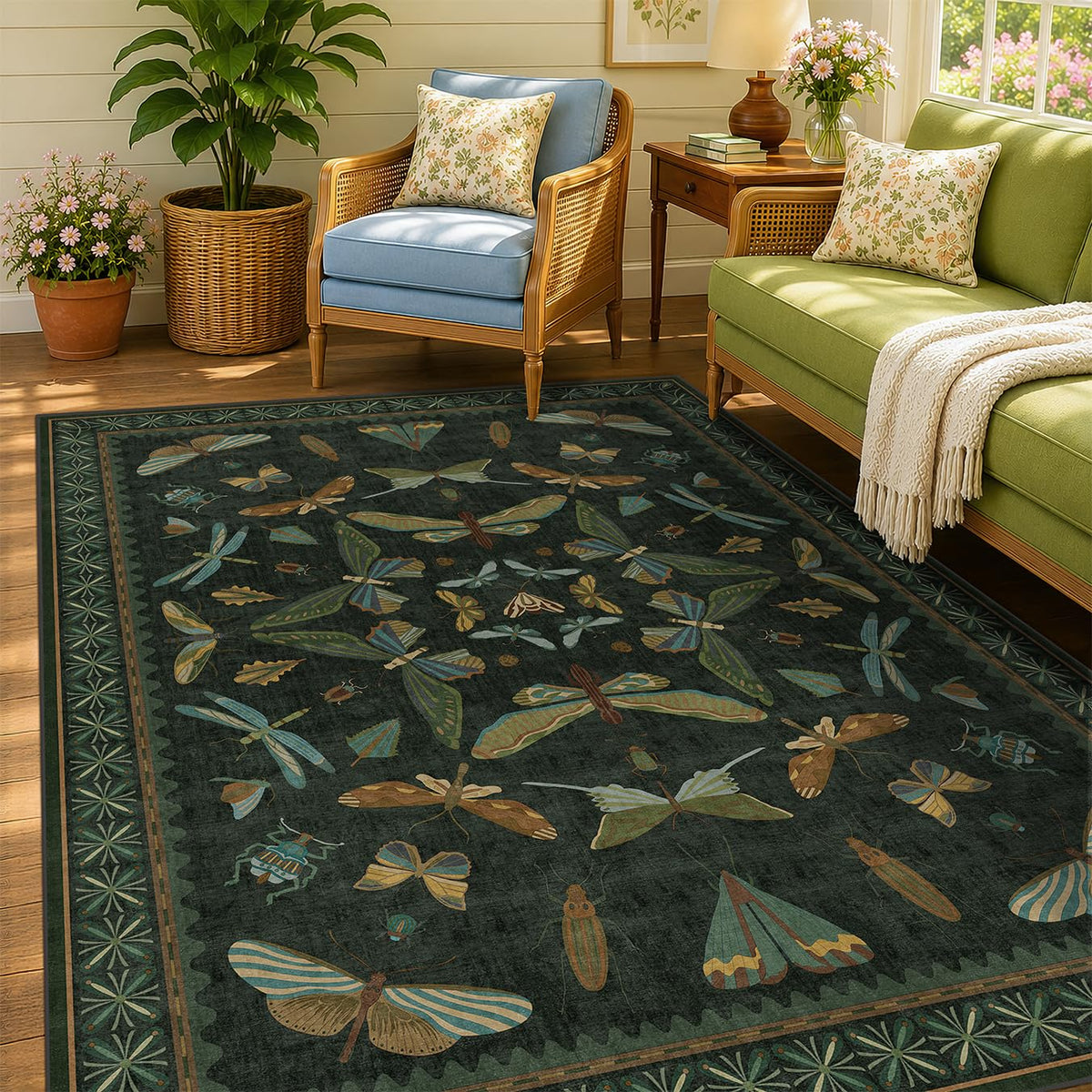 Hazo Haus front view of dark green 5x7 area rug showing full pattern and border, anchors room