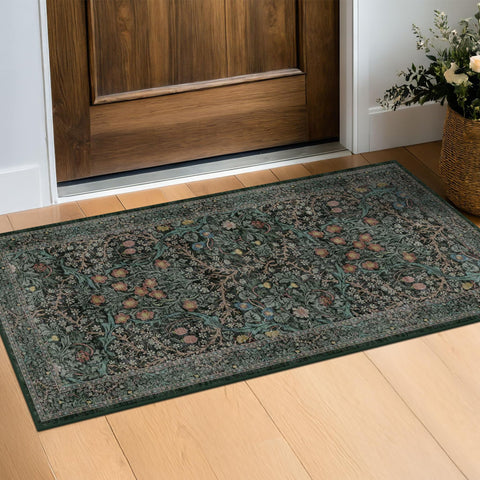 Hazo Haus runner front view showing vintage floral design and rich greens — elegant focal point