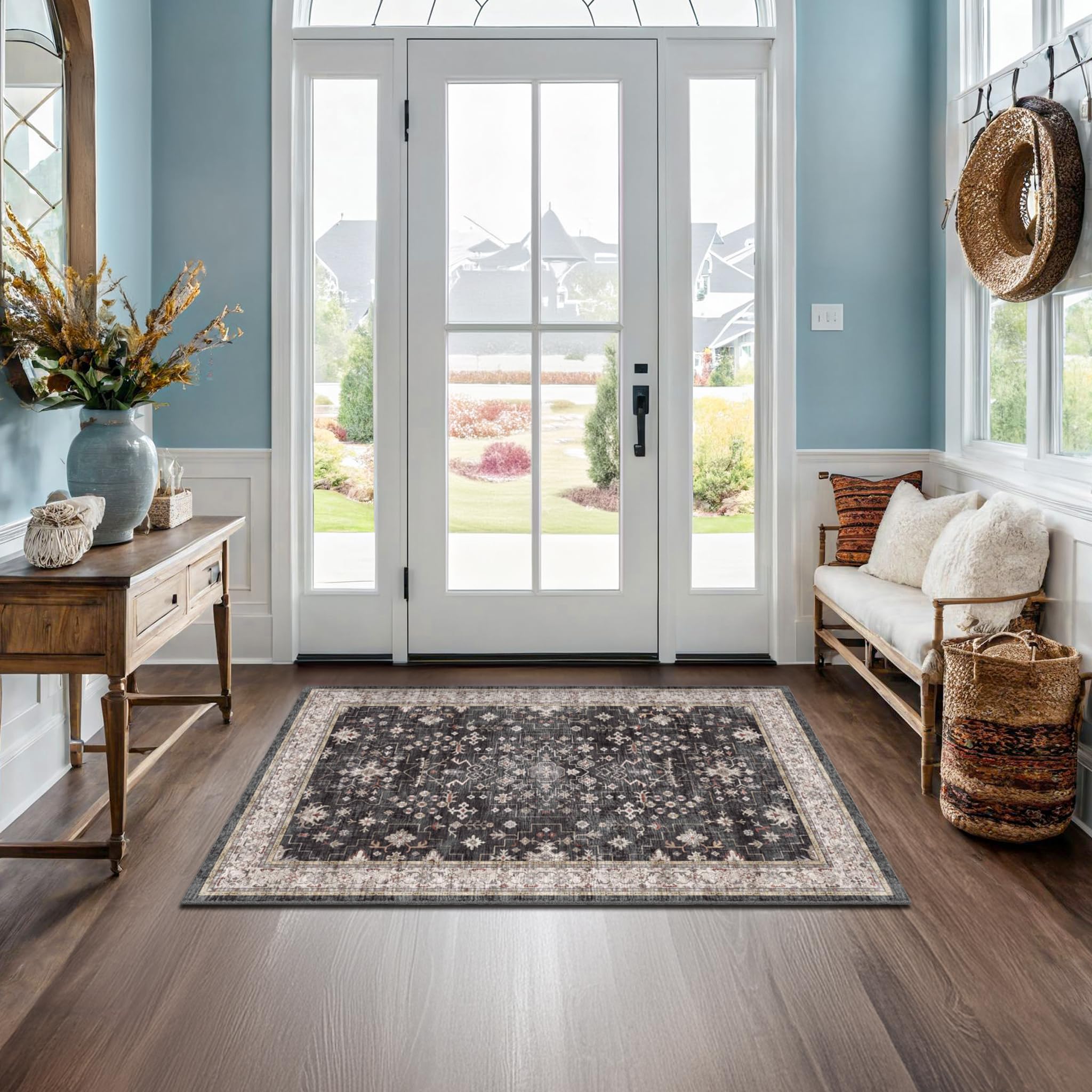 Hazo Haus front view of black boho rug showing pattern and benefit of stylish entry accent