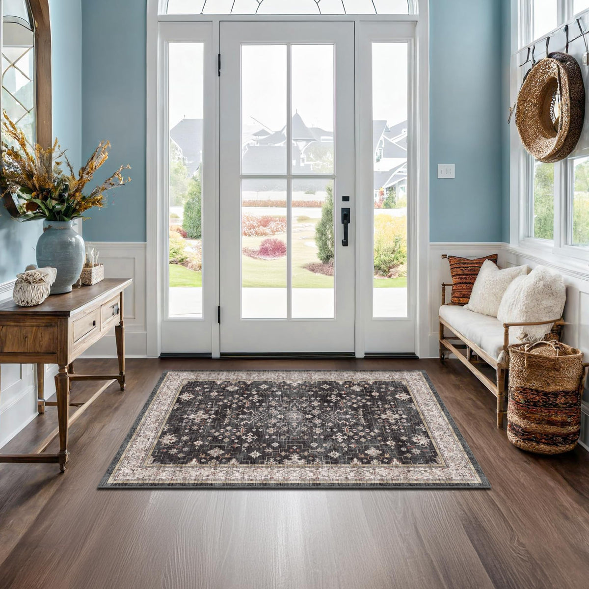 Hazo Haus front view of black boho rug showing pattern and benefit of stylish entry accent