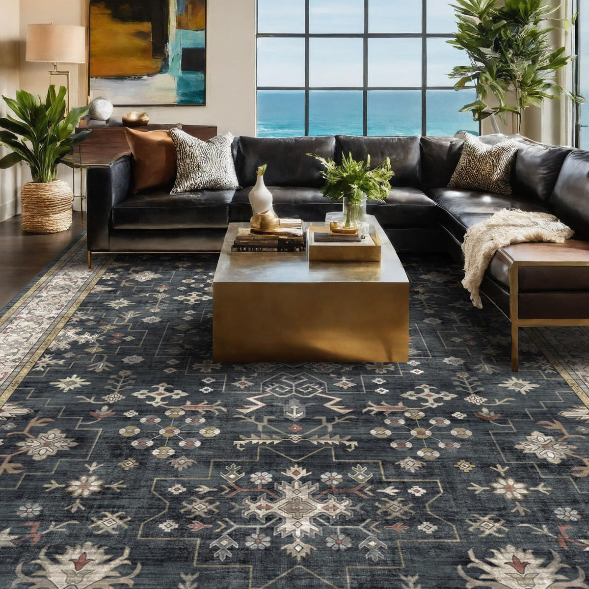 Hazo Haus front packaging shows full 8x10 farmhouse rug and benefits