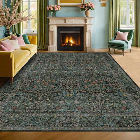 Hazo Haus front view of dark green vintage rug highlighting design and elegance