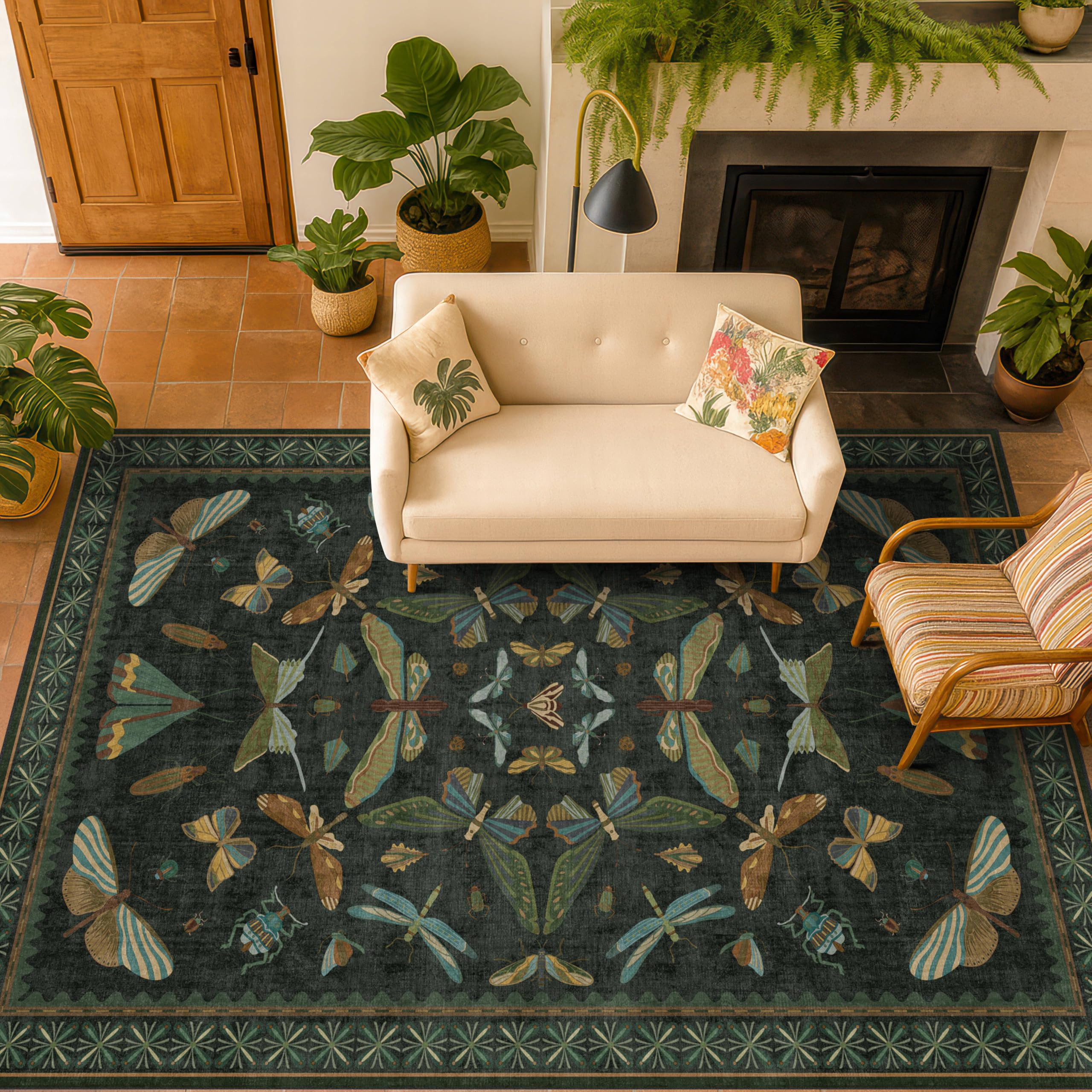 Hazo Haus styled living room with rug adding cozy, vintage-boho atmosphere