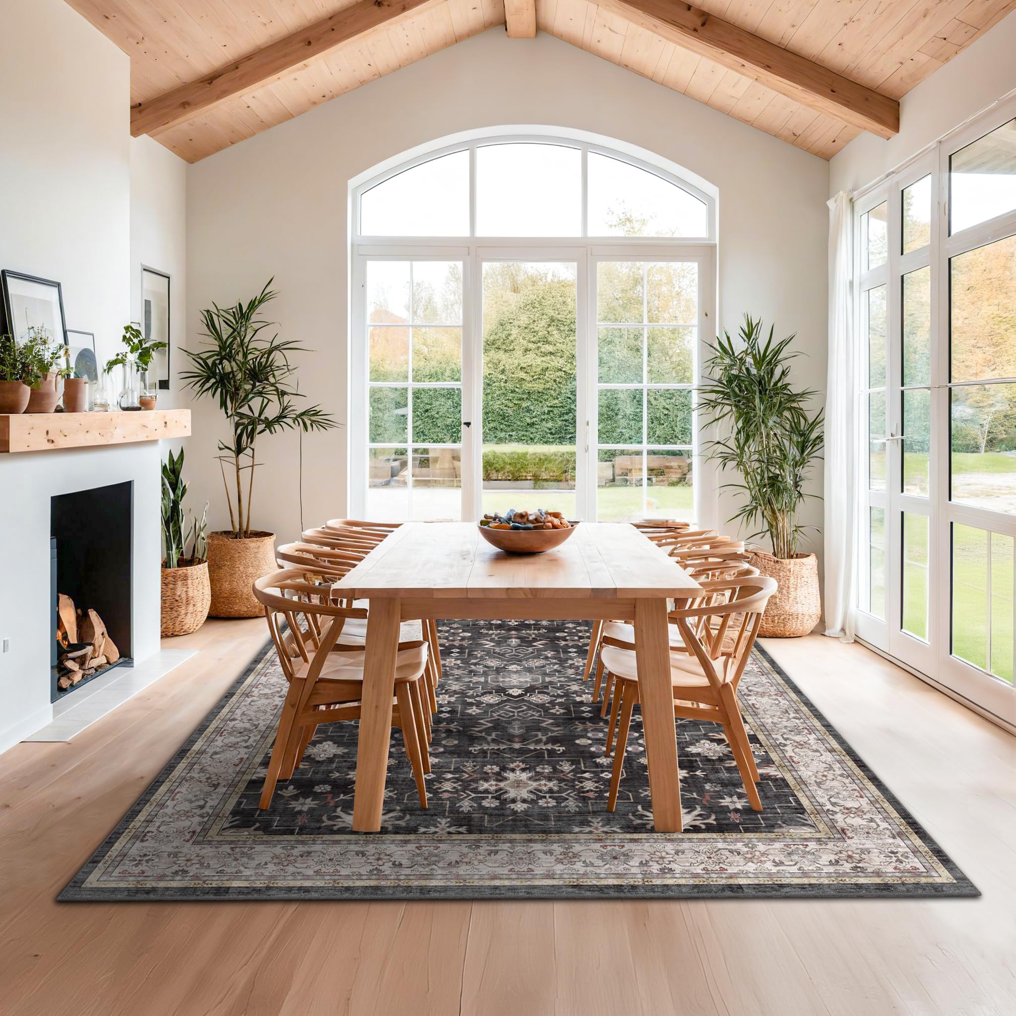 Hazo Haus rug beneath dining table demonstrating washable, durable surface