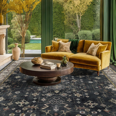 Hazo Haus rug beside chair leg showing 6x8 scale and furniture compatibility