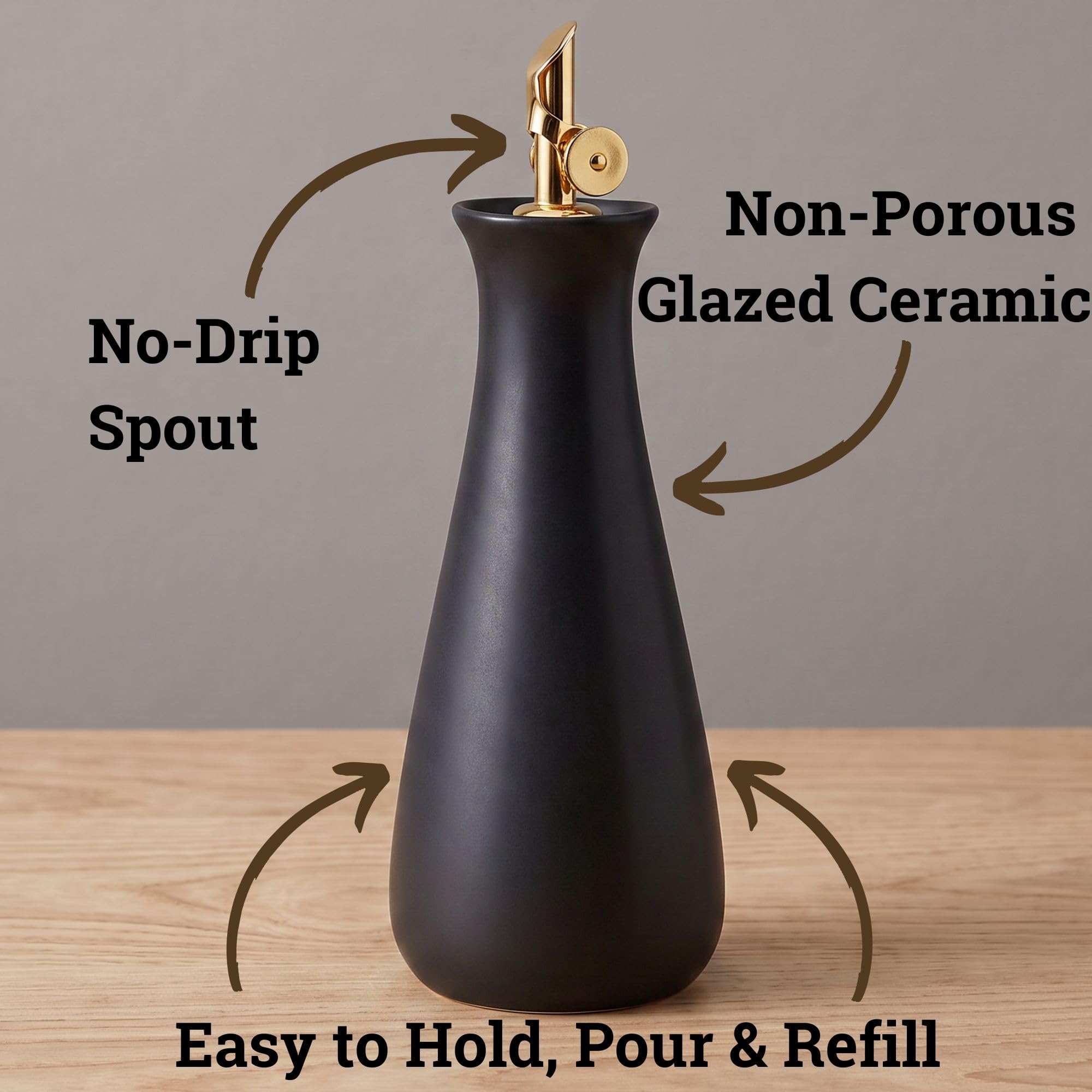 HB Design Co. close-up of gold self-closing spout highlighting drip-free pouring benefit
